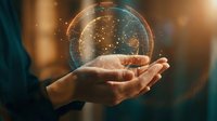 Hands holding glowing transparent sphere with golden particles and network connections representing digital transformation, innovation and future technology concepts.