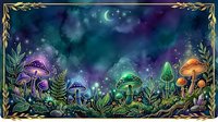 Enchanted forest floor with glowing mushrooms, magical plants, and starry night sky with crescent moon, surrounded by ornate golden botanical border frame.