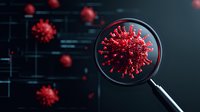 Red virus cell under magnifying glass on dark background with floating particles, scientific research concept for medical and healthcare presentations.