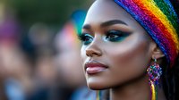 Young African American woman wearing rainbow headband and colorful earrings, with vibrant makeup and confident expression against blurred background, representing pride and diversity.