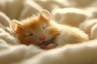 Adorable sleeping hamster curled up in soft cream-colored blanket folds, showing peaceful expression with closed eyes and tiny pink nose, bathed in warm gentle light.