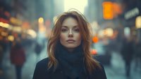Young Caucasian woman with auburn hair wearing black turtleneck sweater against blurred urban evening background with bokeh lights and street atmosphere.