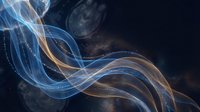 Flowing blue and gold light streams create dynamic waves against dark cosmic background with sparkling particles for digital art and motion graphics.