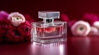 Luxury crystal perfume bottle with elegant cut glass design surrounded by romantic pink and red roses on reflective burgundy surface.