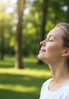 Young woman with light skin tone and blonde hair wearing white t-shirt, eyes closed, smiling peacefully in sunlit forest park setting. Wellness and mindfulness concept.