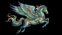 Ornate mythical winged horse with intricate teal, gold, and emerald patterning, isolated on transparent background. Ready for t-shirt design, clipart, stickers, sublimation, and print-on-demand projects.