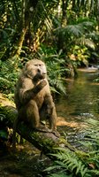 Baboon sitting on moss-covered log in lush tropical forest stream environment, wildlife and nature photography for editorial and educational use.