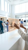 Doctor using holographic medical dashboard interface in modern hospital with healthcare team working in background for digital health technology.