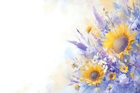 Dreamy watercolor composition of bright sunflowers and purple wildflowers on soft pastel background, perfect for wedding invitations, greeting cards and romantic wall art designs.