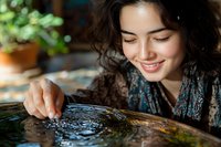 Young woman with curly dark hair smiling while touching water surface, creating ripples in natural light. Peaceful mindful moment captured in soft focus.