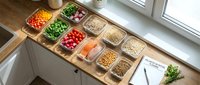 Organized kitchen pantry with glass containers storing colorful vegetables, grains, and legumes on wooden counter for healthy meal preparation and cooking.
