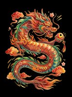 Ornate Asian dragon with flowing mane, scaled body in red, gold, and green tones, surrounded by decorative clouds and orbs. Isolated on transparent background, ready for t-shirts, stickers, sublimation, and print-on-demand designs.