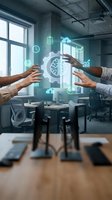 Business team hands reaching toward glowing brain gear hologram with digital icons in modern office workspace representing artificial intelligence collaboration.