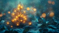 Glowing magical tree with luminous golden lights against dark turquoise background, mystical forest scene with bokeh effect and ethereal atmosphere.