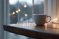 White ceramic coffee cup on wooden table with soft glowing fairy lights creating cozy atmosphere near window, morning light and bokeh effect for relaxing mood.