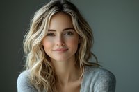 Young blonde woman with natural wavy hair and gentle smile wearing gray cardigan against dark background, portrait in soft natural lighting.