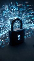 Digital padlock with cyber security text on futuristic circuit board background with glowing blue connections for data protection and network safety concepts.