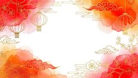 Chinese New Year festive frame with red lanterns, golden clouds and traditional ornaments on watercolor background for holiday greeting cards.