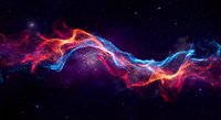 Abstract energy wave with vibrant neon colors flowing through cosmic space. Digital art featuring electric blue and magenta light streams against starry background.
