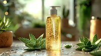 Transparent golden gel with glitter particles in pump dispenser bottle surrounded by fresh aloe vera leaves on wet surface with bokeh lights background.