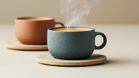 Steaming coffee cups in terracotta and sage green ceramic mugs on cork coasters against neutral background, minimalist composition with morning beverage and rising steam.