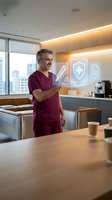 Middle-aged Caucasian male doctor in burgundy scrubs interacting with holographic medical icons in modern hospital break room with city view.