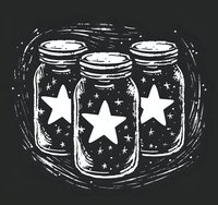 Mason jars with glowing stars inside, hand drawn linocut style artwork on black background. Magical celestial design with mystical night sky captured in glass containers.