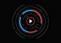 Minimalist play button icon surrounded by circular maze pattern in red and blue neon colors on black background, modern tech design for media player interface.