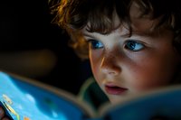 Young child with blue eyes and curly hair reading colorful book in warm lighting. Educational learning and childhood development concept.