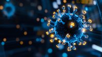 Glowing blue virus cell with golden spikes on dark background with bokeh lights, scientific visualization for medical and healthcare concepts, microscopic view.