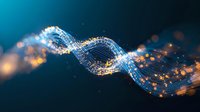 Glowing digital DNA helix structure with blue light trails and golden particles floating in dark space, representing genetic research and biotechnology advancement.