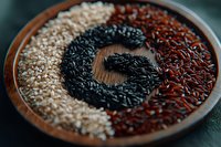 Assorted rice grains arranged in circular pattern on wooden plate showing white, black, and red varieties. Natural food photography for culinary and nutrition concepts.