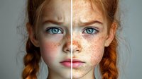 Young redhead girl with bright blue eyes and natural freckles in split-screen photo showing skin with and without freckles, demonstrating beauty retouching effects.