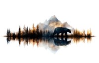 Silhouette of bear walking along misty lake shore with mountain peaks and pine forest reflection in calm water during golden sunrise.
