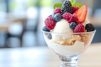 Creamy vanilla ice cream dessert topped with fresh mixed berries including strawberries, raspberries, blackberries and blueberries served in elegant glass bowl.