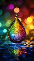 Rainbow colored water drop with glittery texture reflecting on surface against colorful bokeh lights background for creative design projects.