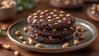 Homemade dark chocolate cookies with peanut butter chips stacked on gray ceramic plate, surrounded by scattered nuts on rustic wooden table background.