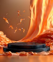 Dynamic black podium surrounded by swirling orange flames and fire particles against dark background, dramatic product display platform for advertising.