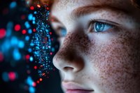 Close up portrait of young woman with freckles and blue eyes looking at glowing digital particles, representing technology and artificial intelligence future.