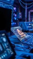 Futuristic cybersecurity control room with glowing risk alert warning on digital tablet screen surrounded by high-tech monitoring equipment and blue ambient lighting.