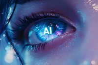 Futuristic close-up of glowing blue eye with AI symbol reflection and sparkles, representing artificial intelligence and digital transformation in modern technology.