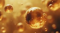 Glowing golden spheres floating in warm amber atmosphere with light reflections and bokeh effects create dreamy abstract background.