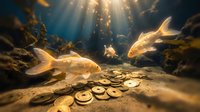 Golden carp fish swimming near ancient coins on sandy bottom with dramatic sunlight rays piercing through dark underwater cave environment.