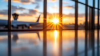 Dramatic sunset view through airport terminal window with silhouette of parked aircraft on tarmac, sun rays reflecting on glossy floor creating mirror effect at dusk.