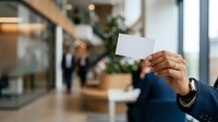 Businessman in navy suit holding blank white card in modern office lobby with blurred background, suitable for corporate identity, business communication, and professional branding projects.