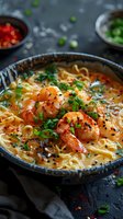 Creamy ramen noodle soup with tender shrimp, garnished with fresh green onions, black sesame seeds and chili flakes in rustic ceramic bowl on dark background.