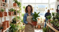 Happy mixed-race woman holding potted plant in bright plant nursery shop with shelves of greenery and terracotta pots for gardening business.