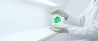 Professional hands in white coat protecting glowing green Earth globe symbolizing environmental care, sustainability and global responsibility for planet.