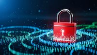 Red padlock on digital binary code background representing cybersecurity, data protection and network security in modern technology systems.