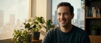 Smiling middle-aged Caucasian man in casual sweater sitting in bright modern home office with plants and bookshelves, natural lighting for lifestyle content.